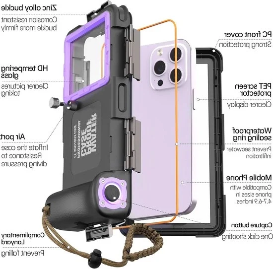Case per smartphone ShellBox 2a generazione per iPhone e Galaxy - protezione universale per immersioni fino a 15m - protezione corpo completo in nero e viola.