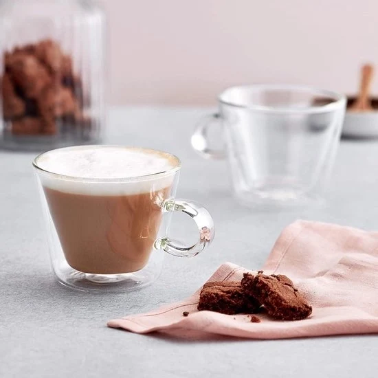 Set di Tazze a Doppia Parete in Vetro con Manico da 2 pezzi - Sottovuoto a Vuoto - Resistenti al Calore - Sicure al Lavarani - 250 ml Tazze per Cappuccino