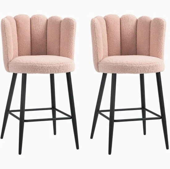 Set di 2 Sedie a Tavolo – 65 cm Altezza – Rivestimento in Lana – Schienale Pieno – Schienale a Fiori – Con Supporto per Gamba – Zampe in Acciaio – Rosa – Per Cucina e Sala da Pranzo