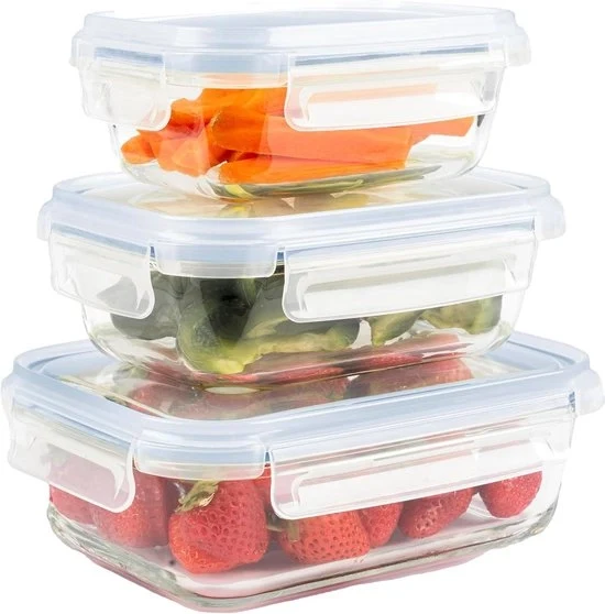 Contenitore a Vetro Rettilineo per Conservazione degli Alimenti con Coperchio - Contenitore a Vetro Spazievitore per Conservazione degli Alimenti per Microonde e Congelatore - Set di 3 Scatole per Pranzo con Coperchio per Microonde con Coperchio
