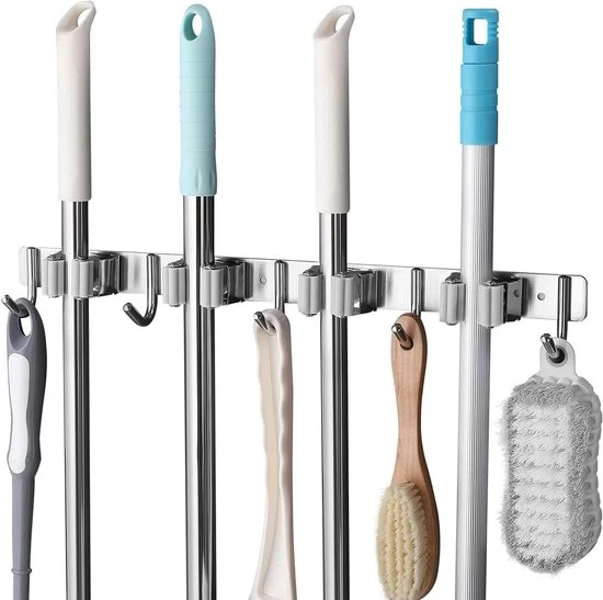Maniglia in Acciaio Inox con 4 Fessure e 5 Ganci - Maniglia da Parete per Cucina Bagno Garage e Giardino