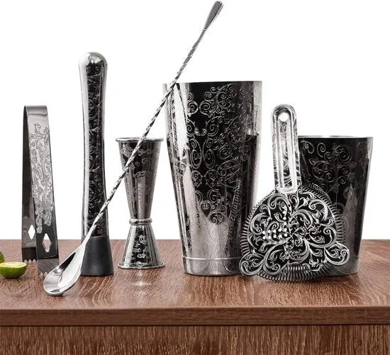 Set di Shaker per Cocktail - Attrezzatura da Bar Professionale - 7 pezzi - Nero