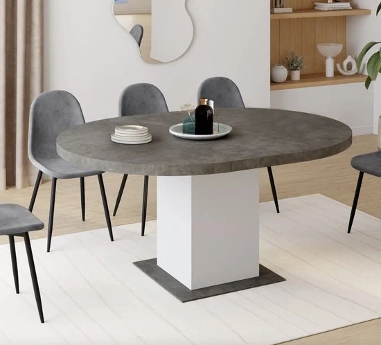Tavolo da pranzo rotondo estensibile 4-8 posti, cemento e bianco 120-160 cm - Design moderno - Finestra in legno - Mobili per soggiorno - Costruzione duratura - Finitura lussuosa - Interno eterno - Adatto per uso quotidiano