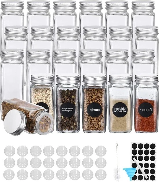 Set di contenitori quadrati per erbe da 24 - 120 ml strozzatura in vetro - compreso etichette per erbe e pennarello bianco - spazzola per pulizia e ciotola in silicone per contenitori quadrati per erbe