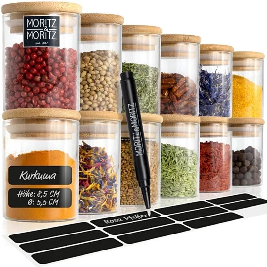 Set di contenitori per spezie con adesivi - 12 pezzi - 125 ml - Contenitori in vetro - Adesivo per tavolo - Penna a grafite - Chiusura ermetica - Coperchio in bambù - Spezie - Erbe - Contenitori per tisane con adesivi