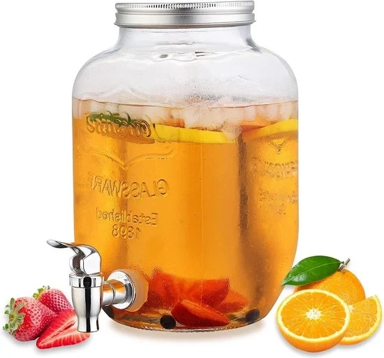 Dispensatore di bevande in vetro 3.8L con rubinetto in acciaio inossidabile senza bolle, apertura ampia, coperchio in acciaio inossidabile - conserva freschezza - cocktail, limonata