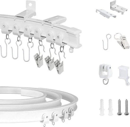 Rail per tenda pieghevole - 3M di lunghezza - Rail flessibile per montaggio a soffitto e parete - 40 rotelle, 18 fermagli, 40 ganci e clip, 4 coperture di estremità per maniglione della tenda