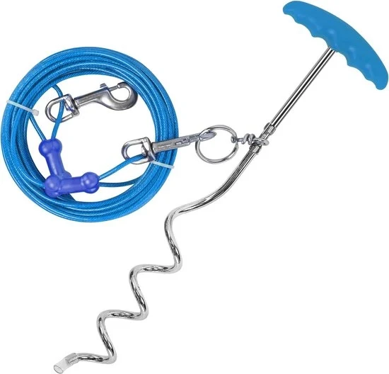 Tie out per cani da esterno con cavo pesante da 6 m, spirale da 16 pollici per pianta in terra - Leash per cani da esterno con attacco in terra - Colore blu scuro