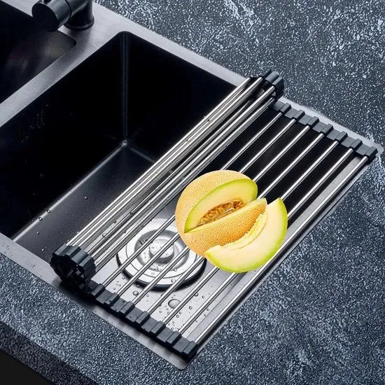 Afdruiprek da cucina 43 cm x 35 cm - in acciaio inossidabile - con cassetta di raccolta inclusa - ripiegabile - nero