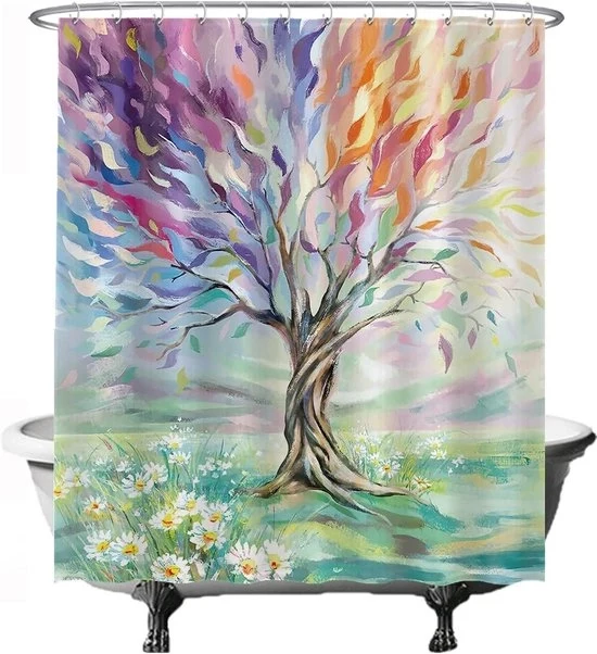 Douchegordijn a forma di albero - Riscaldabile - 1 pezzo - Blu Giallo Verde Azzurro - 180 x 200 cm
