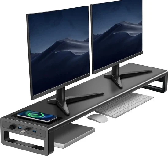 Stand Riser per Doppio Monitor con Ricarica Senza Fili e 4 Port USB Hub - Monitor Stand per 2 Monitores - Supporta fino a 32 Pollici - Nero