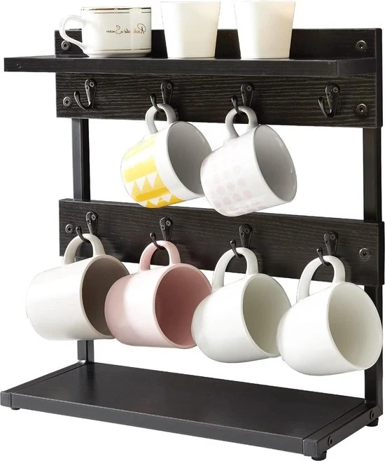 Due livelli di conservazione per tazze da caffè - Sostegno per tazze da caffè a muro - Raccoglitore per tazze da caffè vintage per la cucina - Conserva 8 tazze - Nero TBJ002B raccoglitore per caffè