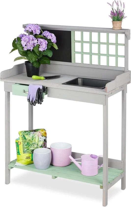 Tavolo per piante con forno e 2 piani - Tavolo per giardino con cassetto - HBD: 121 x 92 x 425 cm - Tavolo per piante grigio/verde