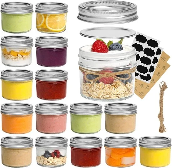 Masonette da 125 ml, 6 pezzi, contenitore in vetro con apertura standard, coperchi e chiusura, piccola vaschetta in vetro per conservazione di erbe, marmellate, miele, gelato, dessert, regali, candele DIY