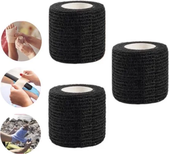 Banda elastica autoadesiva - Nero - 3 pezzi - Elastico - Nastro di assorbimento - Nastro sport - Benda per polso, caviglia, gomito e molti altri - Antiscivolo - Antiflussi