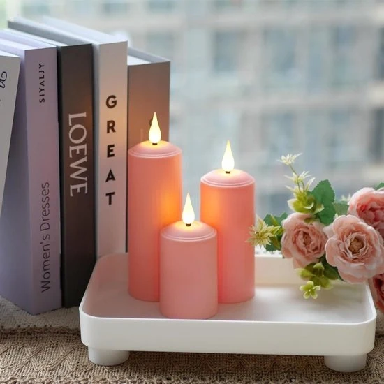 Luminarie a LED a batteria - 3 pezzi - 3 diverse altezze - Rosa - Impermeabili - Con telecomando - Fanno fiammella - Candelabri a batteria - Candelabri a LED ricaricabili