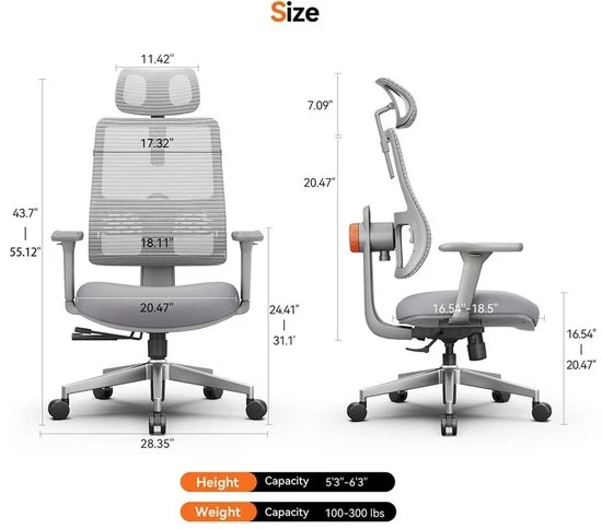 Sedia uffici ergonomica - Schienale regolabile automaticamente - Supporto adattivo - Altezza regolabile della testiera - Colore grigio