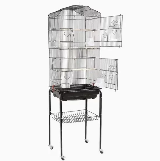 Casa per Uccelli con Ruote | Gabbia per Pappagalli e Uccelli con Spazio di Deposito e Base Rimovibile | Per Uso Interno ed Esterno | Metallo, Nero | 150,6 × 46 × 35,3 cm