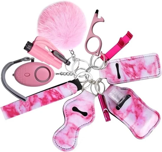 Set di Chiavi di Sicurezza 8-in-1 – Allarme Personale & Martello di Emergenza – Accessori di Autodifesa – Rosa