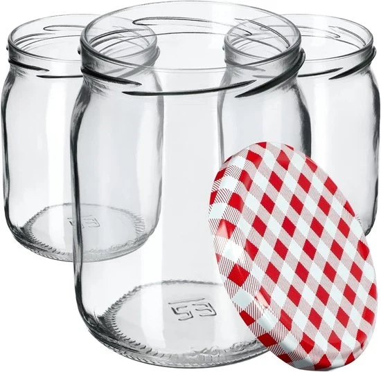 Set di 8 Pentole di Presa 580 ml – Pentole di Vetro a Viti Ø82 mm – Ermetiche per Miele, Verdure e Frutta – Coperchio a Strisce Nere