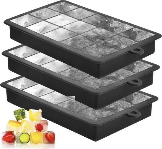 Set di blocchi di ghiaccio in silicone a forma di cubo - 3 pezzi - Inclusi blocchi a forma di sfera e cubo standard - Nero, flessibile e riutilizzabile