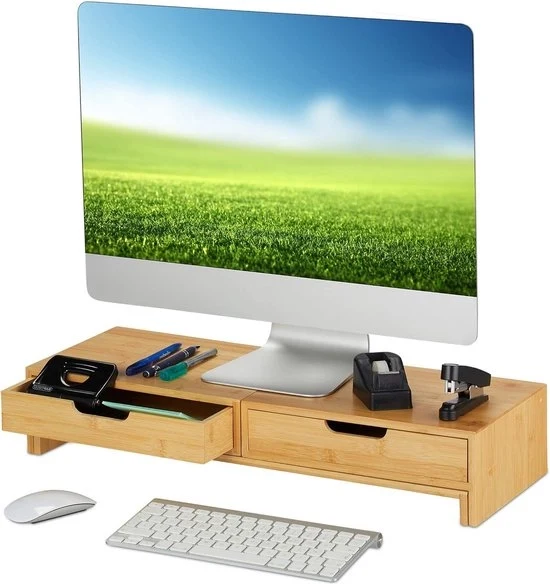 Piedistallo per 2 monitor - Regolabile - Con prese - Materiale naturale - Dimensioni 11x107x22 cm