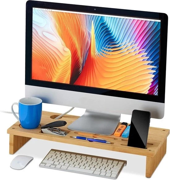 Monitor organizzatore in bambù con 6 contenitori - supporto per monitor - altezza 23 cm - larghezza 54 cm - profondità 9 cm - naturale