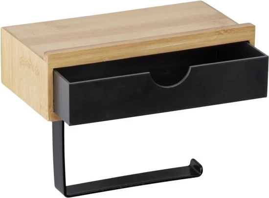Supporto per carta igienica - Contenitore per rotoli wc - Contenitore per rotoli wc nero - Supporto per carta igienica nero - Cassetto di conservazione in bambù - inclusa la struttura di fissaggio, natura/nero