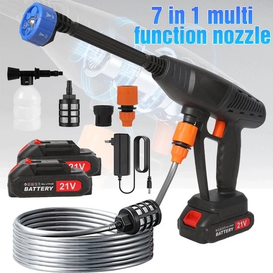 Hogedrukreiniger a batteria - 30BAR - 7-in-1 bocchetta di spruzzo - 5m tubo - ricaricabile
