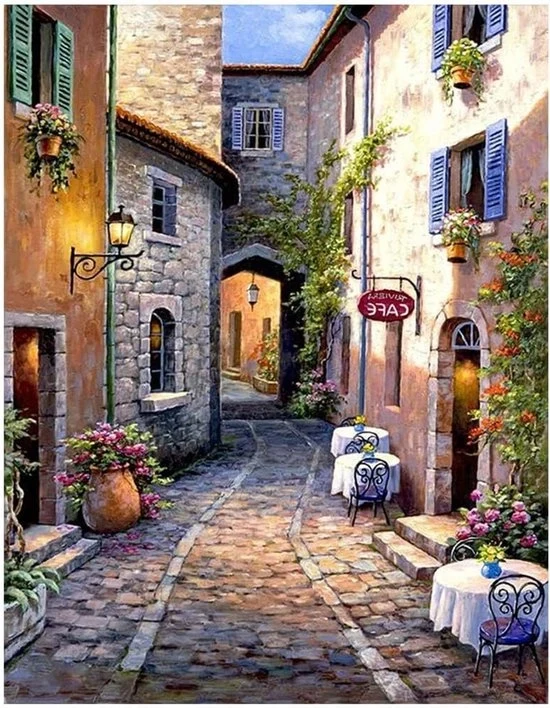 Pietre quadrate 40 x 50 cm 5D pittura con diamanti strassteentjes paesaggio paesaggio di strada con caffè