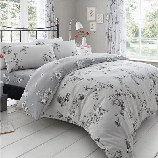 Set da letto BIRDIE BLOSSOM - Copriletto e cuscini - Grigio - Singolo (135 x 200cm) con copriletto in poliestere-cotone 160x200
