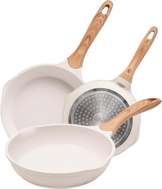 Set di padella - 3 pezzi - Adatto per induzione - Beige - Alluminio smaltato