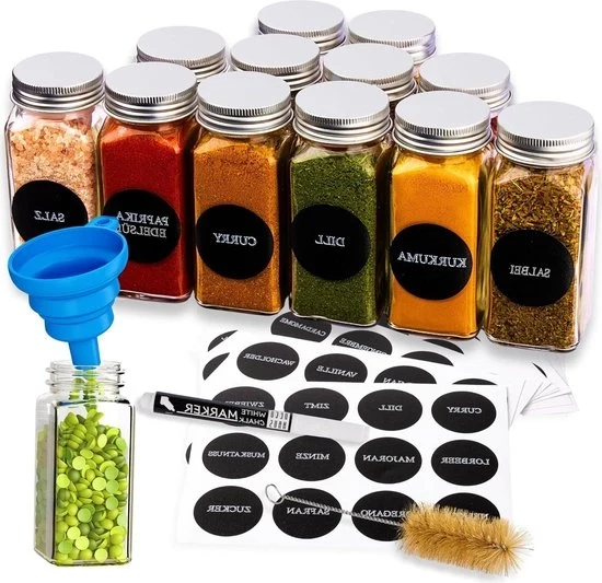 Set di contenitori aerei quadrati 12 pezzi - contenitori di vetro per erbe con etichette e spazzola - contenitori per erbe per la conservazione di spezie