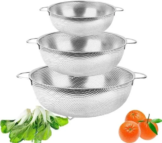 Collezione di 3 set di set di rete microforata - set di rete a mano con maniglie - set di drenaggio in acciaio inossidabile per pasta, verdure, frutta - 165/195/225 cm Drenaggio