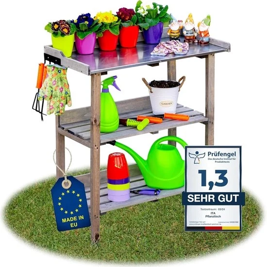 Tavolo per piante in legno grigio - tavolo per giardino - 1 pezzo - 76x38x89 cm - con ripiano di stoccaggio