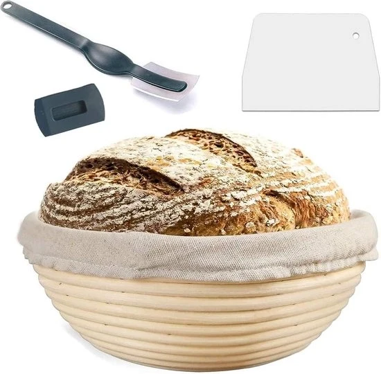 Impastatrice manuale per pane con set di accessori - 1 kg impasto - mandata in rotan - insetto in lino - schiaccia impasto - coltello per pane - altezza 85 cm - diametro 25 cm