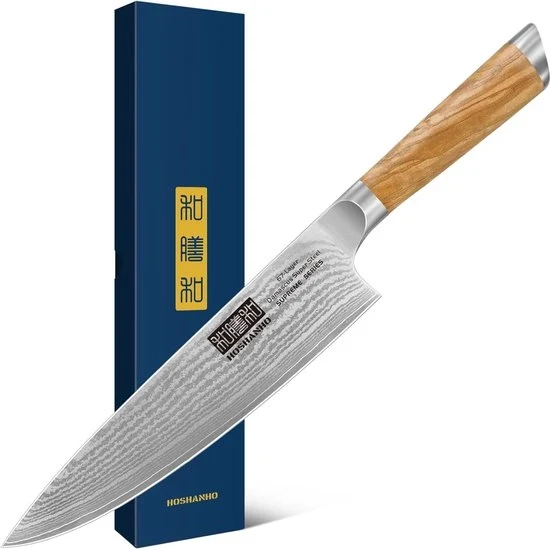 Coltello da cucina professionale - Acciaio damascato 20 cm - Super affilato - Manico di olivo