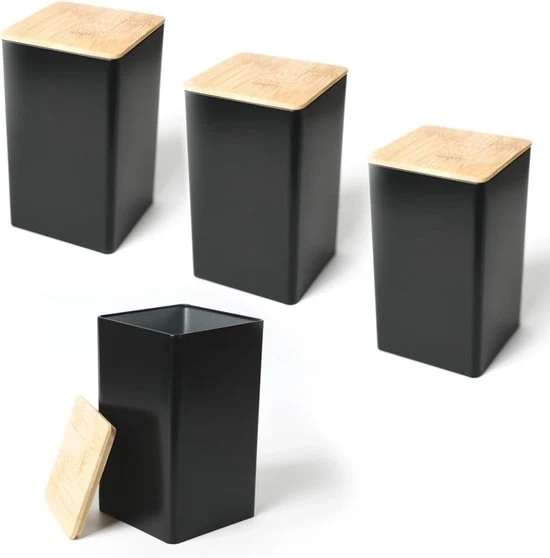 Set di contenitori da cucina con coperchi in bambù - Conservazione alimentare - 4 pezzi - Nero - Bambù