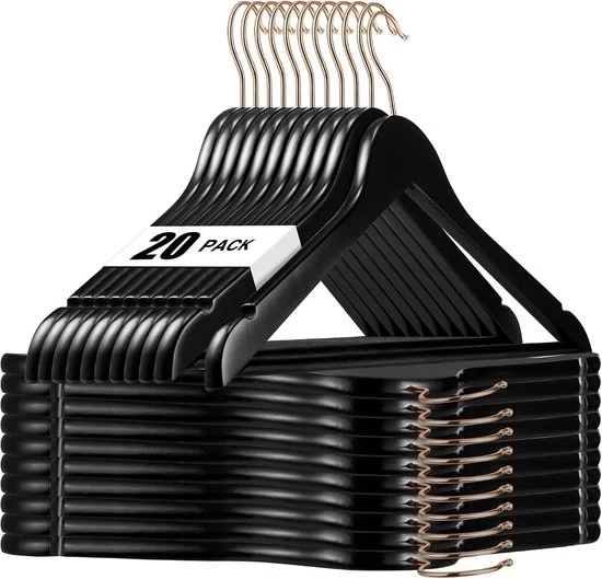 20 Stuks Hanger per Abito in Legno Nero - Hanger per Abito con Ponte e Fori - 360° Rotolabile con Maniglia in Rosso