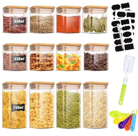 Set di 12 contenitori di conservazione in vetro con coperchi in legno - Contenitori quadrati per la cucina e la dispensa