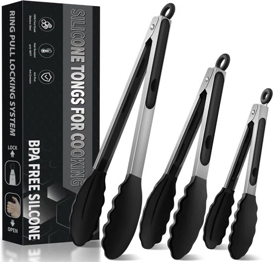 Tang per cucina in acciaio inossidabile con set di 3 pezzi in silicone - griglia per BBQ resistente a 480°F - maniglia antiscivolo - punte in silicone BPA libere - per cucinare e grigliare