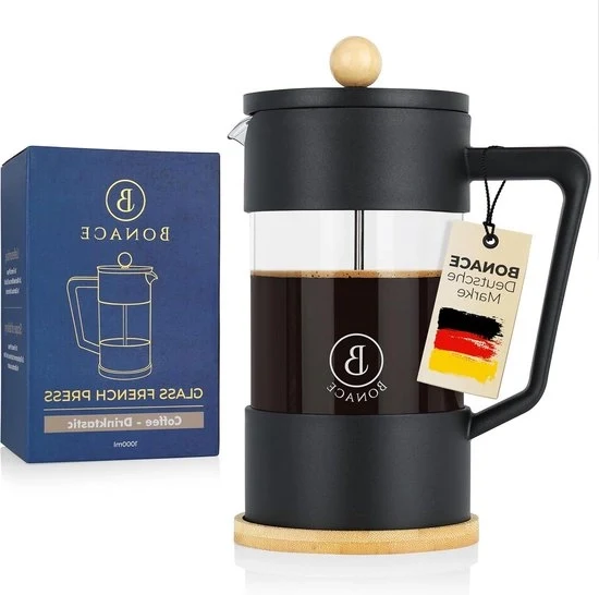 Caffettiera a stantuffo in vetro borosilicato nero con elementi di bambù - inclusa clip per tazza in acciaio inossidabile, spazzola per pulizia e 2 filtri di riserva - per 6 tazze da 1 litro