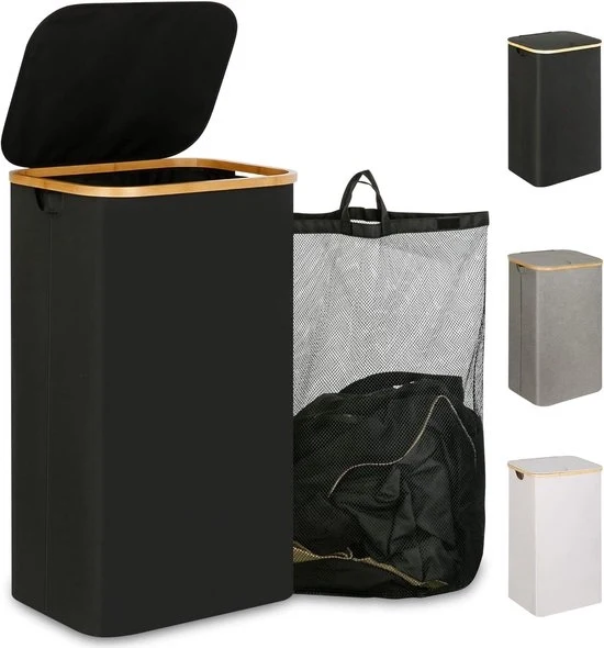 Wasmachine grande con coperchio - 110 litri - nero - maniglie in bambù