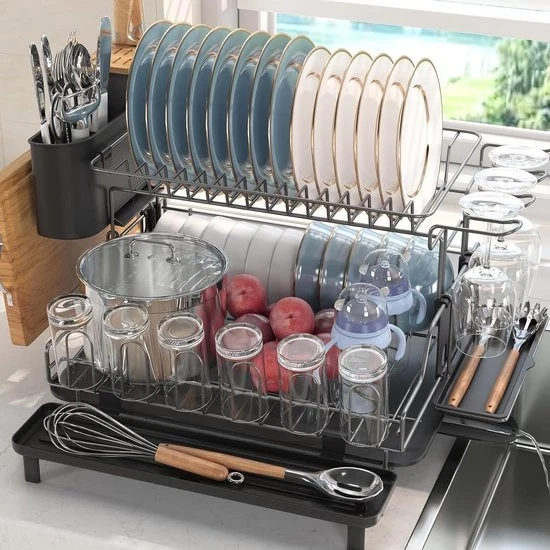 Afdruiprek in alluminio nero con contenitore per posacenere - resistente all'ossidazione - grande - piano di lavoro per cucina - supporto per secchiello - afdruiprek a 2 livelli con contenitore per liquidi inclinabile
