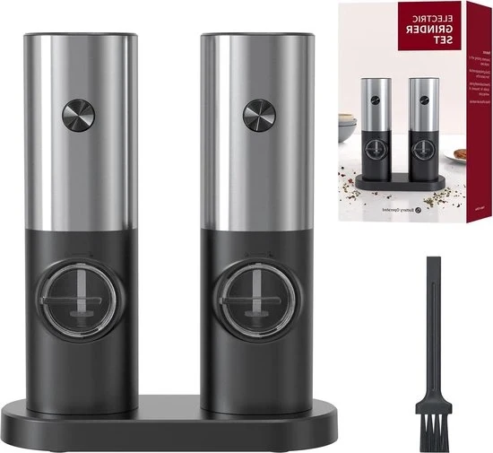 Set di macinatore di sale e pepe elettrico da 2 batterie - regolazione di grana - luce LED bianca - argento/nero. Macinatore di sale e pepe