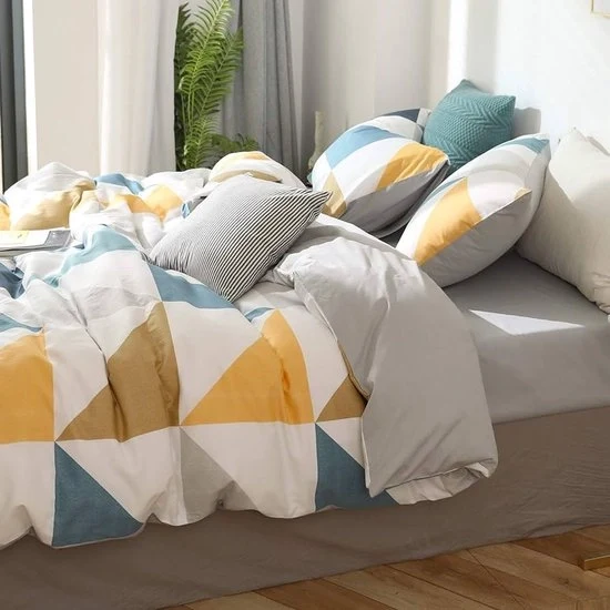 Set di tende da letto - disegno geometrico moderno - 1 pezzo - blu giallo - 100% cotone - 200 x 200 cm