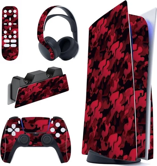 Sticker per PS5 - Pelle per PS5 per Edizione Disco + Incluso per Controller, Ricarica, Casco e Comando a Distanza - Edizione Limitata Nero e Rosso Camouflage