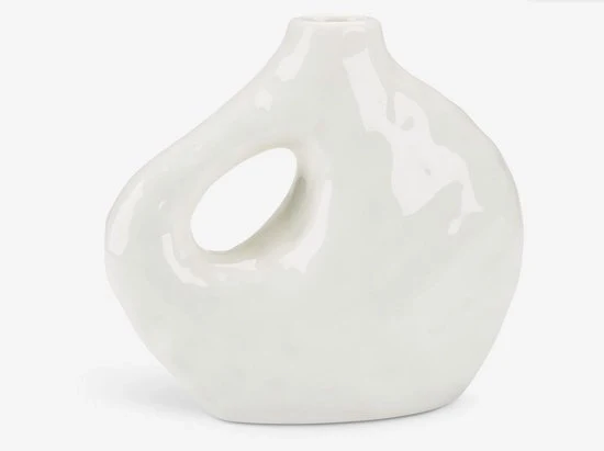 Vaso di porcellana bianca, design modern e asimmetrico, finitura lucida, vaso decorativo per fiori, accessorio d'arredamento artistico, 16x7x14 cm