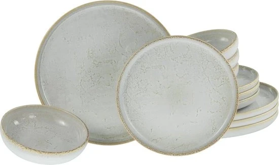 Set da tavola per 12 persone in stile vintage, off-white, 12 pezzi, resistente a piatti e microonde, fatto in Portogallo, codice articolo: Serviesset 12 persoons