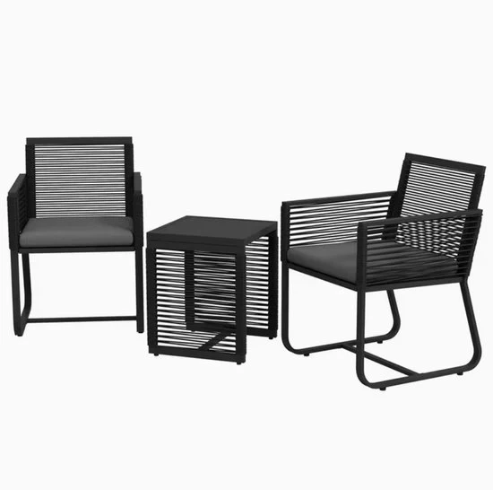 Set da giardino tridimensionale con 2 poltrone e tavolino supplementare in stile rattan con cuscini e piano di vetro nero